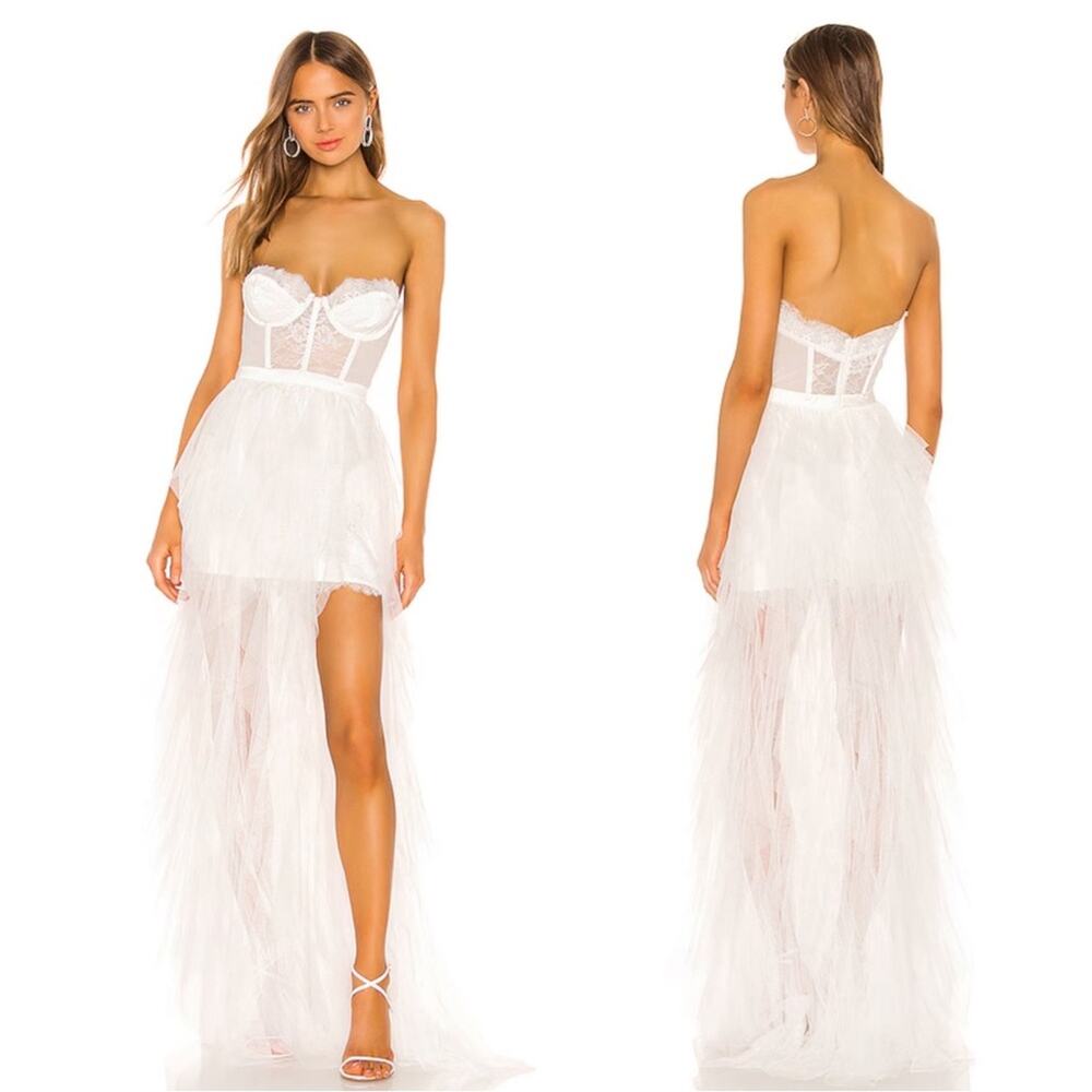 For Love & Lemons White Strapless Feathered High-Low Maxi Gown